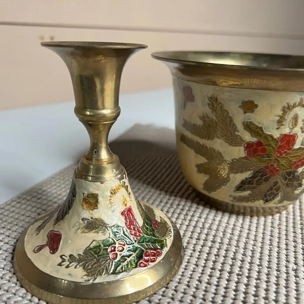 Vintage Brass Candle Holder & Bowl Set Christmas Enamel Made in India Holiday De